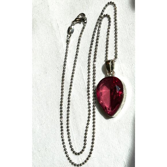 Deep Red Pink Translucent Teardrop Pendant on Sterling Ball Bead Chain 18” - Picture 8 of 10